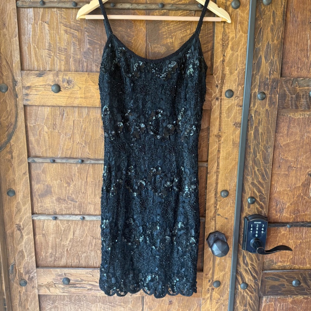 Vintage Badge Black‎ Beaded Sequin Lace Cocktail Wedding Dress Women Sz 7 Sheath